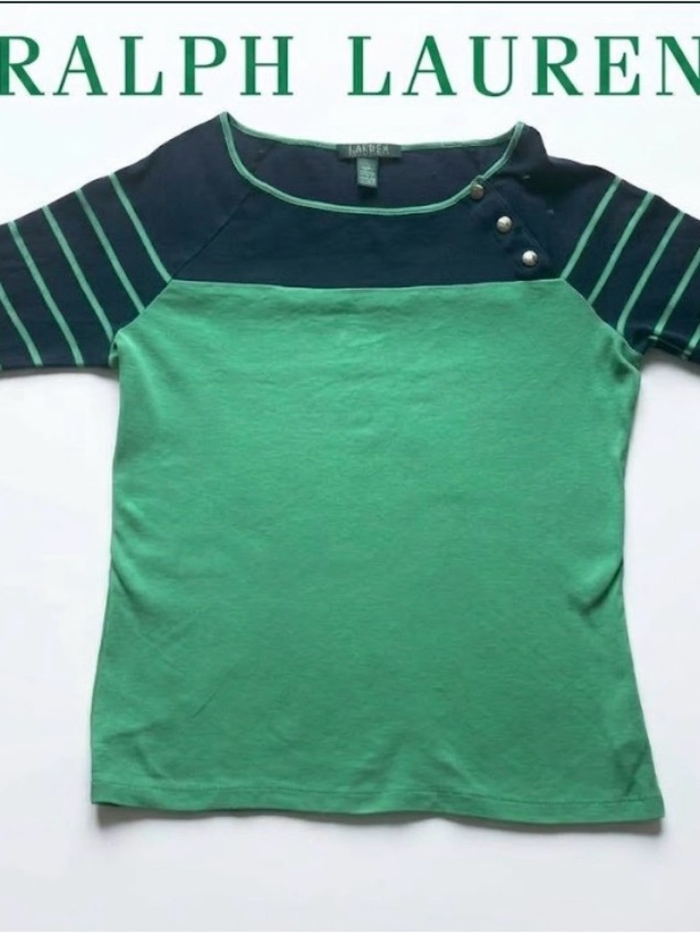 Lauren Ralph Lauren Green Navy Colorblock Striped Button Boatneck Top Size L